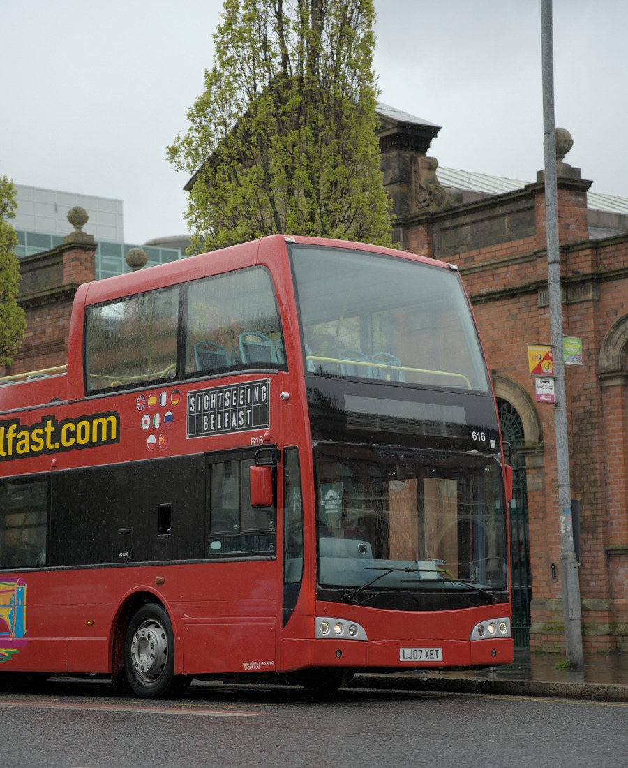 Sightseeing Belfast Bus outside of St.Georges Market